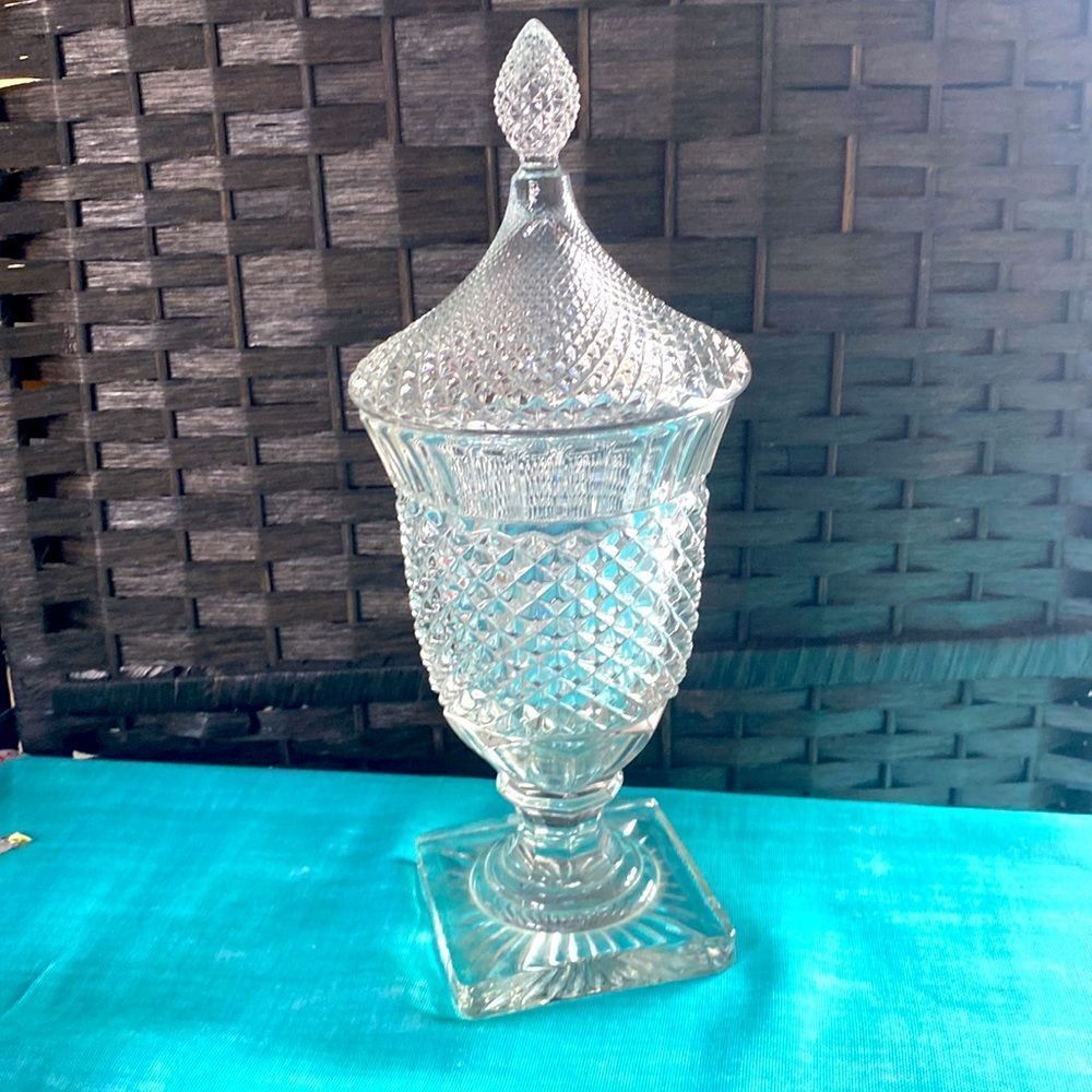 Vintage Cut Class Vase Urn With Lid